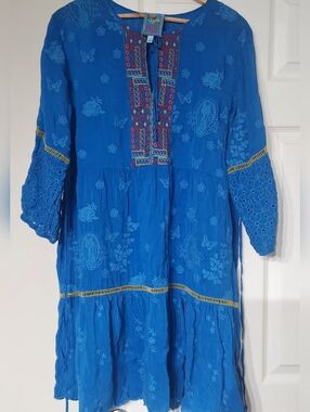 Embroidered Boho Tunic Dress in Vibrant Blue